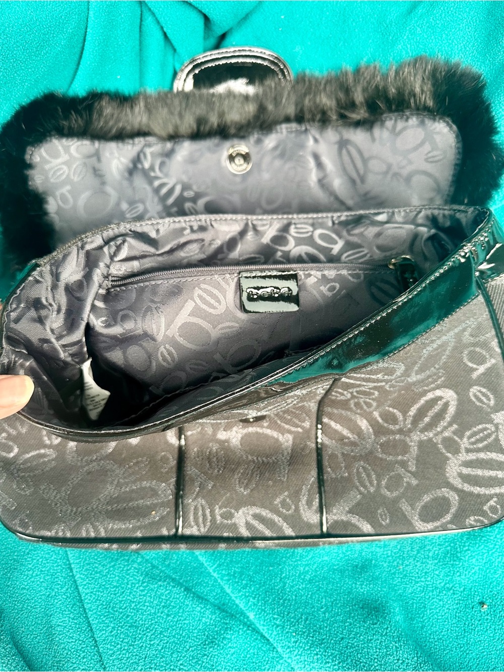Black Patent Trim Tote Bag with Chain Handles - Picture 3 of 4